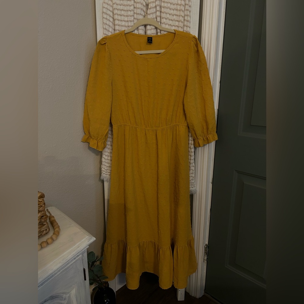 Emery Rose mustard dress with small Swiss dots. Size M